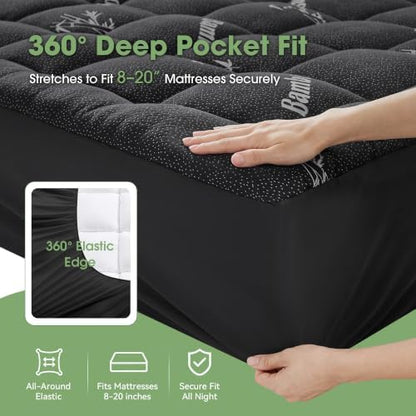 Mattress Pad Full Size, Cooling Pillow Top Mattress Topper, Ultra Soft Viscose from Bamboo, Breathable for Hot Sleepers, Deep Pocket 8"-20", Black