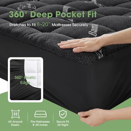Mattress Pad Twin XL Size, Cooling Pillow Top Mattress Topper, Ultra Soft Viscose Made from Bamboo, Breathable for Hot Sleepers, Deep Pocket 8"-20", Black