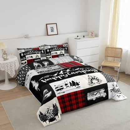 Castle Fairy Camping Adventure Comforter Set Twin Size,RV Camper Accessories for Travel Trailers Bedding Set for Kids Boys Men,Rustic Red Plaid Boho Aztec Exotic Quilted Duvet Set with 1 Pillowcase