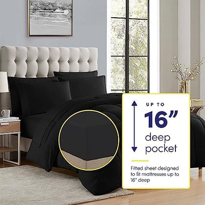 King Size Comforter Set with Sheets - 7-Piece Bedding Collection - 1 Comforter, 1 Fitted Sheet, 1 Flat, 4 Pillowcases - Deep Pocket - Soft & Breathable Premium Quality - Ideal for All Seasons, Black