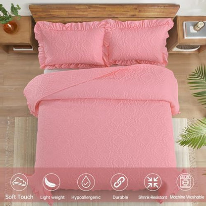 DJY Pink Quilt Set Twin Size Dorm Bedding, Ruffled Bedspreads