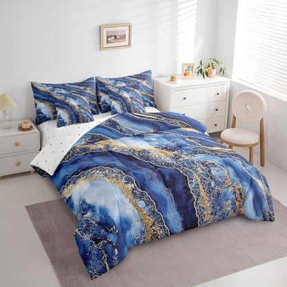 Erosebridal Watercolor Marble Printed Comforter Set Full Size,Blue Tie Dye Bedding Set for Kids Teens,Retro Artwork (Comforter+Fitted+Flat Sheet+2 Pillowcases+2 Throw Pillow Covers) 7 Pieces Bed Set