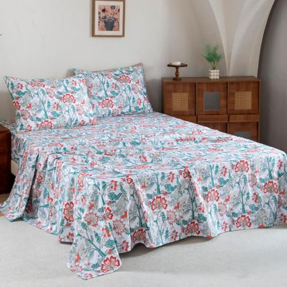 FADFAY Cal King White Teal 100% Egyptian Cotton Sheets Set 4 Piece, Vintage Botanical Garden Floral Sheets, Luxury Soft Breathable Cottagecore Bedding with Deep Pocket Fitted Sheet for All Seasons