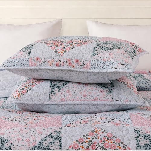 Queen Quilt Set-3 Pieces Soft Bedding Lightweight Floral Patchwork Coverlet