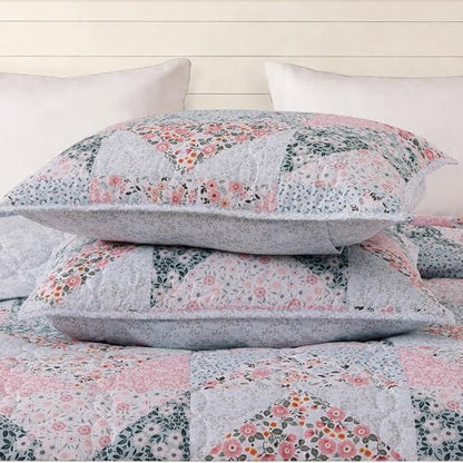 Queen Quilt Set-3 Pieces Soft Bedding Lightweight Floral Patchwork Coverlet