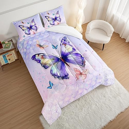HOSIMA Butterfly Twin Comforter with 2 Pillowcases,Mandala Butterfly Twin Bedding Sets for Girls Teen Women Room Decor,Purple Butterfly Twin Bed in a Bag,College Dorm Essentials for Girls.