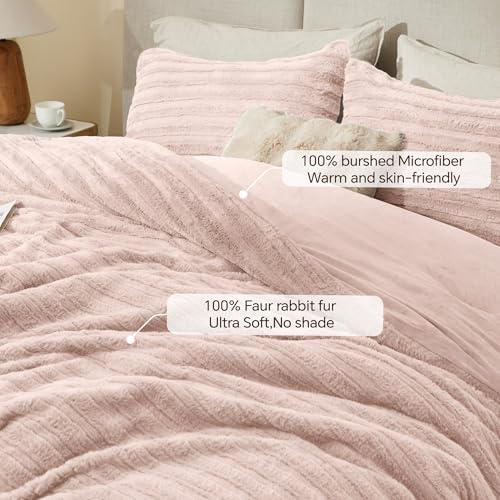 BEDELITE Faux Fur Queen Comforter Set, Fluffy Bed Set, Pink