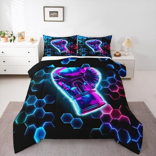 Erosebridal Boxing Gifts Kids Comforter Set | 3D Glitter Gloves Bedding King,Colorful Neon Lights Down Comforter Hexagon Honeycomb Duvet Set for Bedroom