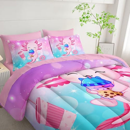 HOSIMA 7Pcs Axolotl Comforter Set Animal Bedding Room Decor for Teens,Dessert Milk Tea Donut with Cute Sheets Queen and Fitted Sheet Fantasy Blue Purple Queen Size Bed in a Bag with 4 Pillowcases.