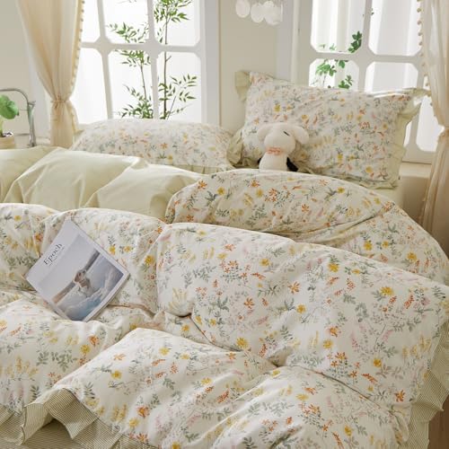 mixinni 100% Cotton Duvet Cover Set King, Reversible Spring Floral Ruffle Green Striped Bedding for Girls, French Country Cottagecore Aesthetic 3PC Duvet Cover with Zipper Closure & Pillowcases