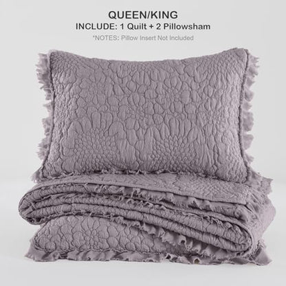 HORIMOTE HOME Shabby Chic Ruffled Quilt King Size,Grey Purple Stone-Washed Microfiber Lightweight Crinkled Farmhouse Rustic Bedding Set, 3 Pieces Reversible Bedspread with Pillow Shams for All Season