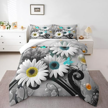 Rustic Daisy Quilt Set King,Farmhouse Floral Blue Butterfly Bedding Comforter Set for Kids Girls Teens Women King,Hippie Black Gray Marble Comforter,Pastoral Countryside Flower Quilted Duvet 3 Pcs
