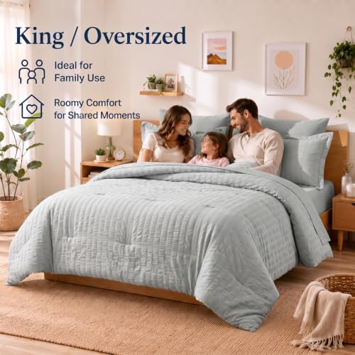 CozyLux King Size Comforter Set 7 Pieces Light Grey Seersucker Bed in a Bag