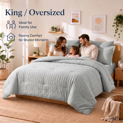 CozyLux King Size Comforter Set 7 Pieces Light Grey Seersucker Bed in a Bag