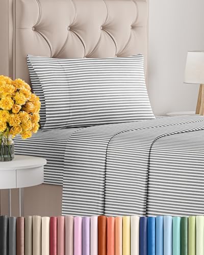 Twin XL Size 3 Piece Sheet Set - Soft & Cooling Bed Sheets - Grey Stripes 1