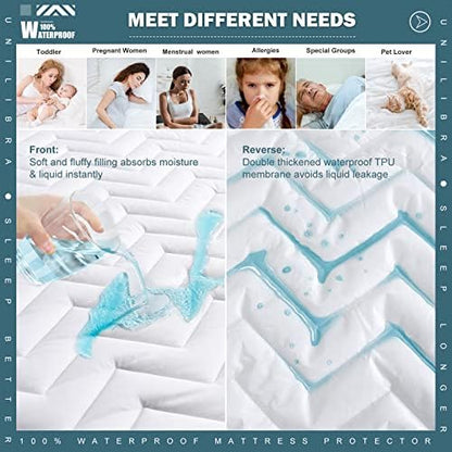 Full Size Waterproof Mattress Protector Quilted, Breathable Ultra-Soft Filling Mattress Pad, Fitted Deep Pocket Mattress Cover Fits 6''-19'' Mattress White
