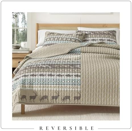 Great Bay Home Lodge Quilt Set - 3-Piece Full/Queen Size Rustic Bedding Set - Lightweight, All-Season, Reversible Bedspread (Rustic Lodge Stripes)