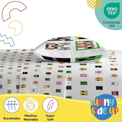 Sunny Side Up Minecraft Creeper & Animals Twin Sheet Set - 3 Piece Kids Bedding Set Includes Pillow Cover - Super Soft Microfiber Sheets