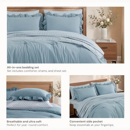 BLOOMHAVEN Full Size Comforter Sets-7 Pieces Ruffle Bedding Floral Sheet