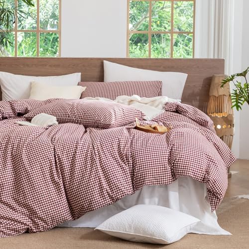MooMee Gingham Duvet Cover Set 100% Washed Cotton Linen Like
