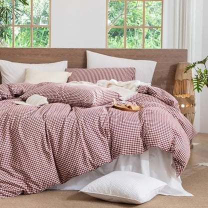 MooMee Gingham Duvet Cover Set 100% Washed Cotton Linen Like