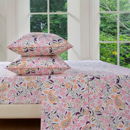 FADFAY Twin Pink Paisley 100% Egyptian Cotton Sheets Set 4 Piece, Vintage Botanical Cottagecore Bedding, Luxury Breathable Boho Floral Farmhouse Bedding with Deep Pocket Fitted Sheet for All Seasons