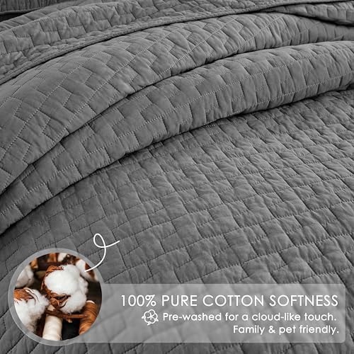 palassio Dark Grey 100% Cotton Quilt Queen Size Bedding Sets with 2 Pillow Shams, Textured Lightweight Soft Bedspread Shabby Chic Coverlet, Quilted Comforter Bed Cover for All Season, 3 Pieces