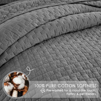 palassio Dark Grey 100% Cotton Quilt King Size Bedding Sets with 2 Pillow Shams, Textured Lightweight Soft Bedspread Shabby Chic Coverlet, Quilted Comforter Bed Cover for All Season, 3 Pieces