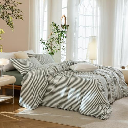 JIYUAN Super King Washed Cotton Duvet Cover Set, Linen-Like Stripe