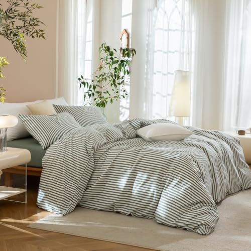 JIYUAN Oversized King Washed Cotton Duvet Cover Set, Linen-Like Stripe
