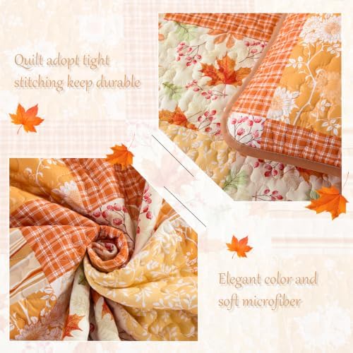 Mybedsoul Orange Boho Quilts Queen Size, Patchwork Floral Fall Bedding Set