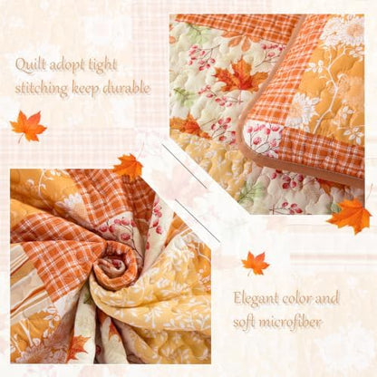 Mybedsoul Orange Boho Quilts Queen Size, Patchwork Floral Fall Bedding Set