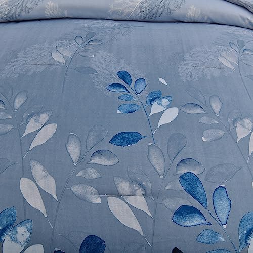 DJY Blue Comforter Set King, Navy Botanical Leaves Comforter for King Bed 3 Pieces Reversible Floral Bed Comforter Sets Soft Microfiber Bedding Set for All Season (104"x90")