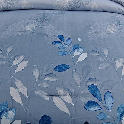 DJY Blue Comforter Set King, Navy Botanical Leaves Comforter for King Bed 3 Pieces Reversible Floral Bed Comforter Sets Soft Microfiber Bedding Set for All Season (104"x90")