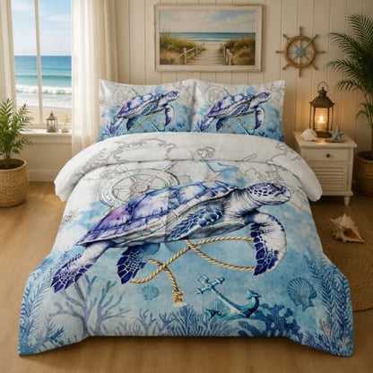 Nttopship Sea Turtle Comforter Bedding Set with 2 Pillowcase Full Size Ocean Comforter Set for Kids Boys Girls Bedroom Decor