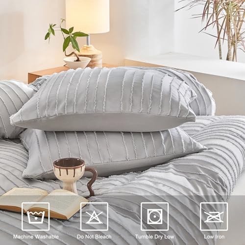 WARMDERN Lightgrey Boho Duvet Cover Queen Size, Striped Tufted Bedding Set
