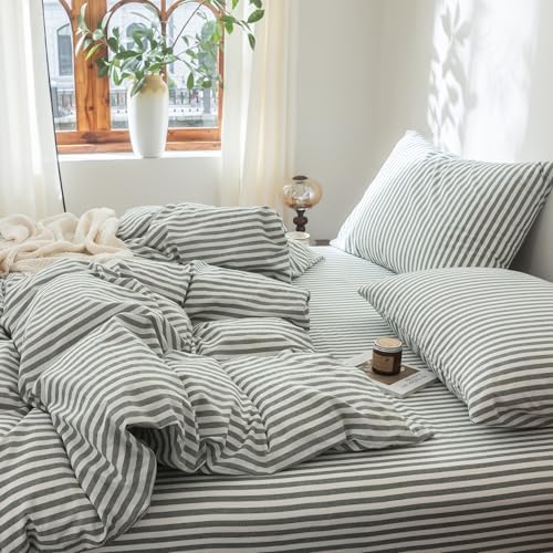 FOSSA Striped Duvet Cover Set 100% Washed Cotton Linen Feel Queen