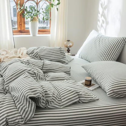 FOSSA Striped Duvet Cover Set 100% Washed Cotton Linen Feel Queen