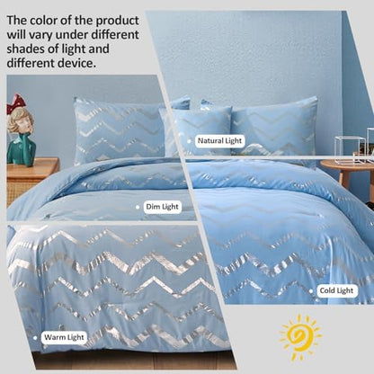 Menghomeus Blue/Silver Comforter Set 4 Piece Queen Size Bedding Set for Kid