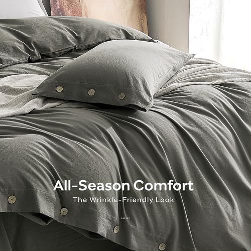 JELLYMONI 100% Washed Cotton Dark Grey Duvet Cover King, Linen-Like