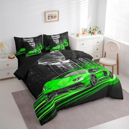 Feelyou Green Race Car Comforter Set with Sheets Full Size Kids Speed Sports Car 7 Pieces Bedding Set for Boys Girls Teens Racing Car Bed in a Bag Extreme Sports Street Bed Set Gothic Modern City