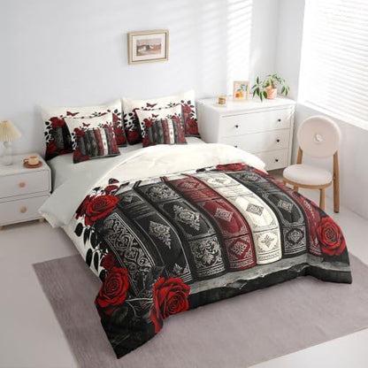 Erosebridal Book Art 7 Piece Bedding Set King Romantic Rose Comforter Set with Sheets Dark Retro Floral Bed in a Bag Black Red Ancient Bed Sets Comforter