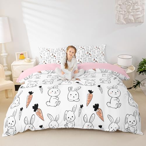 Kawaii Bedding Set, for Kids Girls Cute Cartoon Rabbit Bedding Set, Sketch Carrot Duvet Cover, Kawaii Room Decor, Pink Soft Reversible Comforter Cover Set, Lovely Animal Bedding Comforter, Full Size