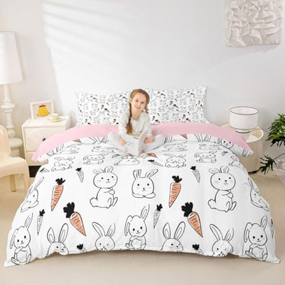Kawaii Bedding Set, for Kids Girls Cute Cartoon Rabbit Bedding Set, Sketch Carrot Duvet Cover, Kawaii Room Decor, Pink Soft Reversible Comforter Cover Set, Lovely Animal Bedding Comforter, Full Size
