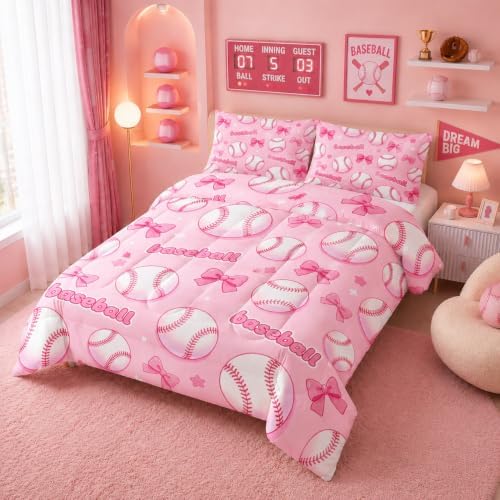 BSNTHO Baseball King Size, Comforter Set Pink Bow Kids Comforter 3Pcs