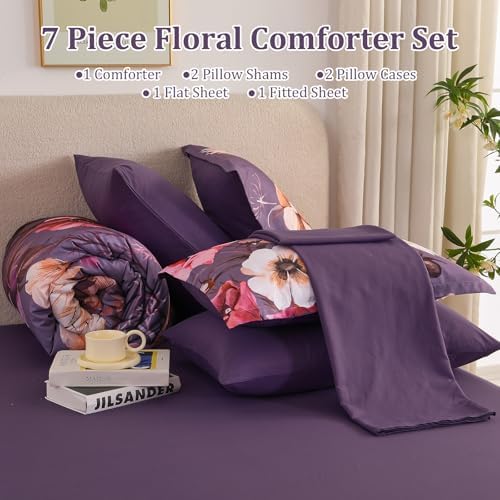 Luxudecor Floral Comforter Set King Size 7 Piece, Purple Flower Bed in a Bag, Elegant Floral Comforter Bed Set with Sheet Set, Soft Microfiber Bedding Set for All Season (104"x90")
