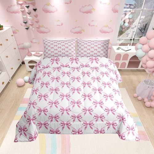 Manfei Pink Bow Comforter Set Toddler Size, Cute Bowknot Geometric Lattice Bedding Set 2pcs, Princess Kawaii Bow Tie Patchwrok Down Comforter for All Season, Kids Girls Room Decor, 1 Pillowcase