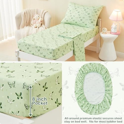 Mooreeke Toddler Bedding Sets for Girls, 4 Pieces Green Butterfly Printed