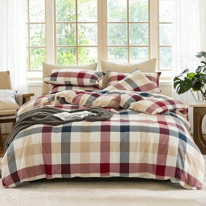 Buffalo Plaid Duvet Cover Set 3 Piece 100% Washed Cotton Linen Feel Farmhouse Bedding Comfy Breathable (Red Blue Buffalo Plaid, Queen)