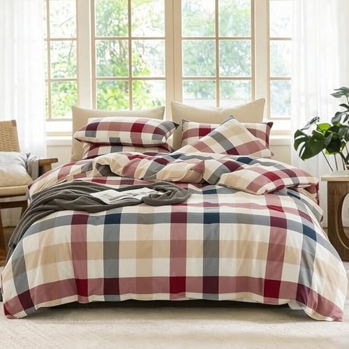 Buffalo Plaid Duvet Cover Set 3 Piece 100% Washed Cotton Linen Feel Farmhouse Bedding Comfy Breathable (Red Blue Buffalo Plaid, Full)